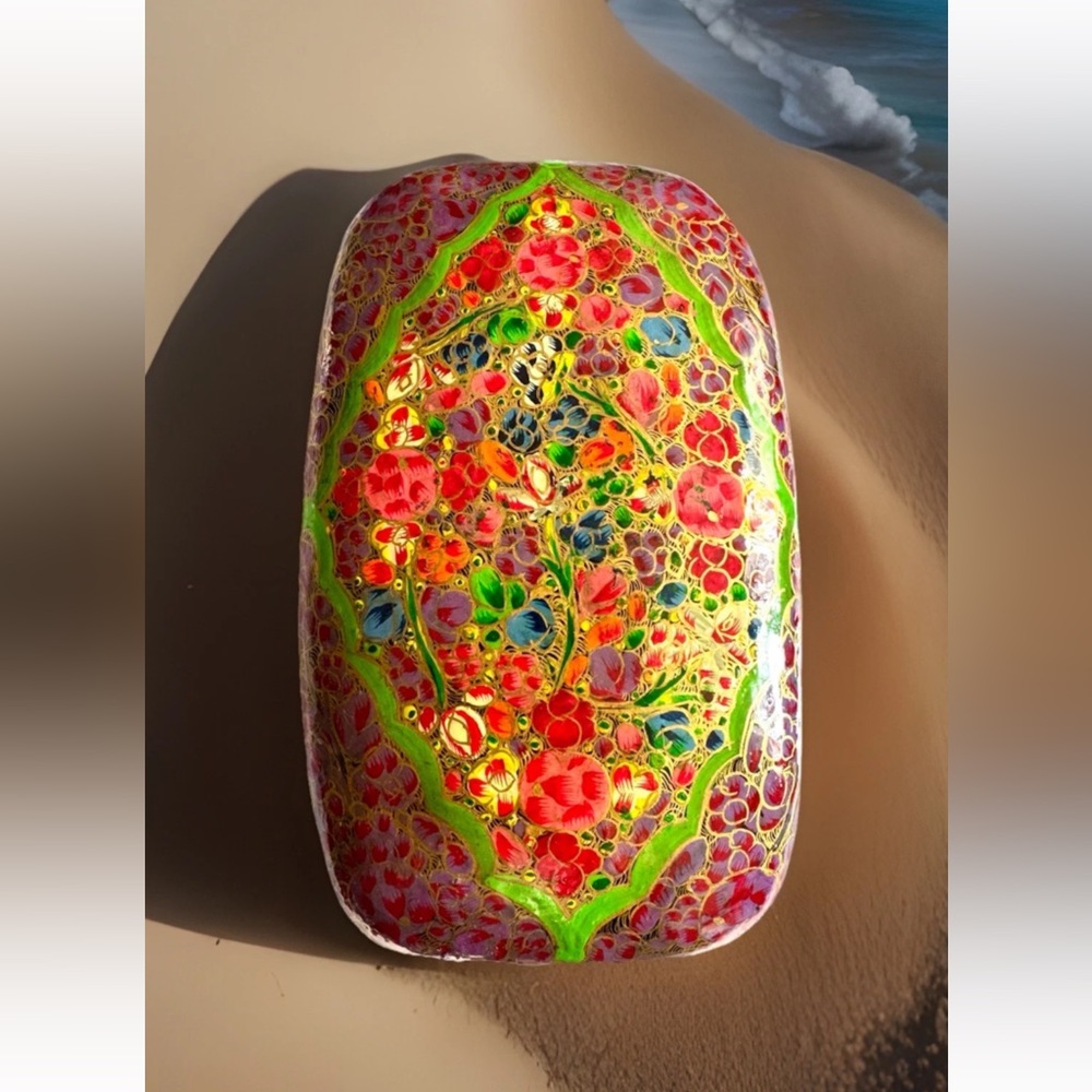 Elegant & Smooth Hand Painted Floral Art Kashmiri Paper Mache Jewelry Box 7”By4”